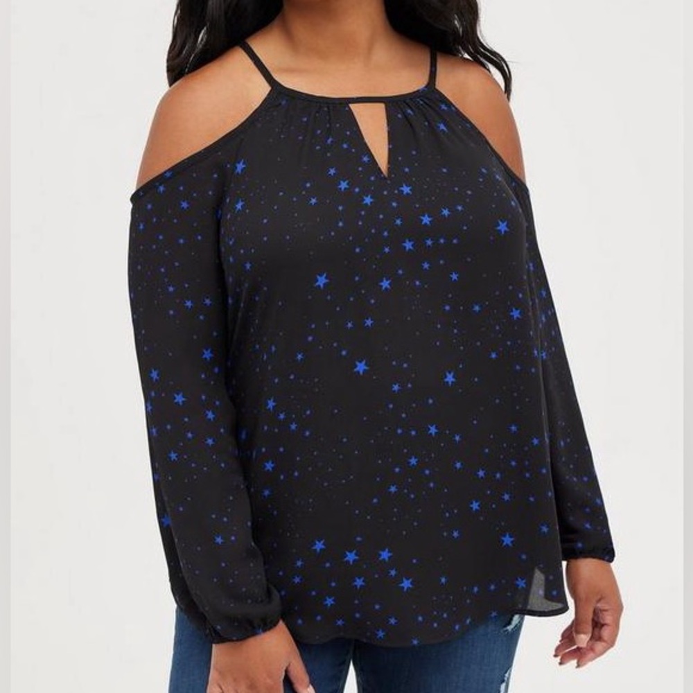 Torrid 1 Black Blue Star Georgette Cold Shoulder Blouse